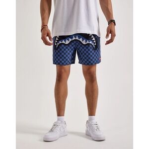 Sprayground Mens Blue Checkered Shark Mouth Swim Trunks Limited Edition Size M